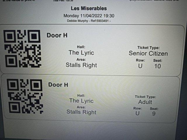 For Sale Les Miserables tickets X 2