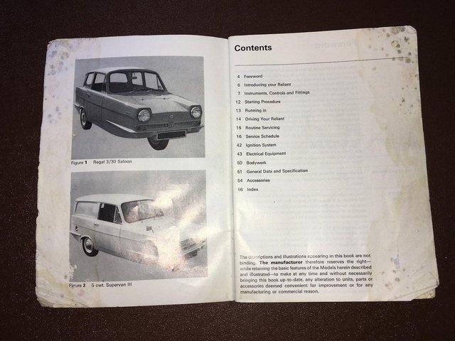 Owners handbook for Reliant Regal 3/30 saloon